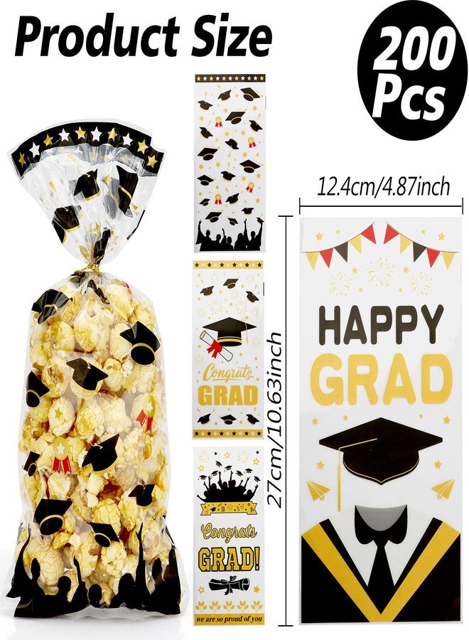 Leislam Graduation Treat Bags, Graduation Cellophane Treat Bags, 200 PCS Graduation Gift Bags, Graduation Cello Candy Cookie Bags with 200 Pcs Gold Ties for Graduation Party Favors Supplies, 4 Styles - Image 2
